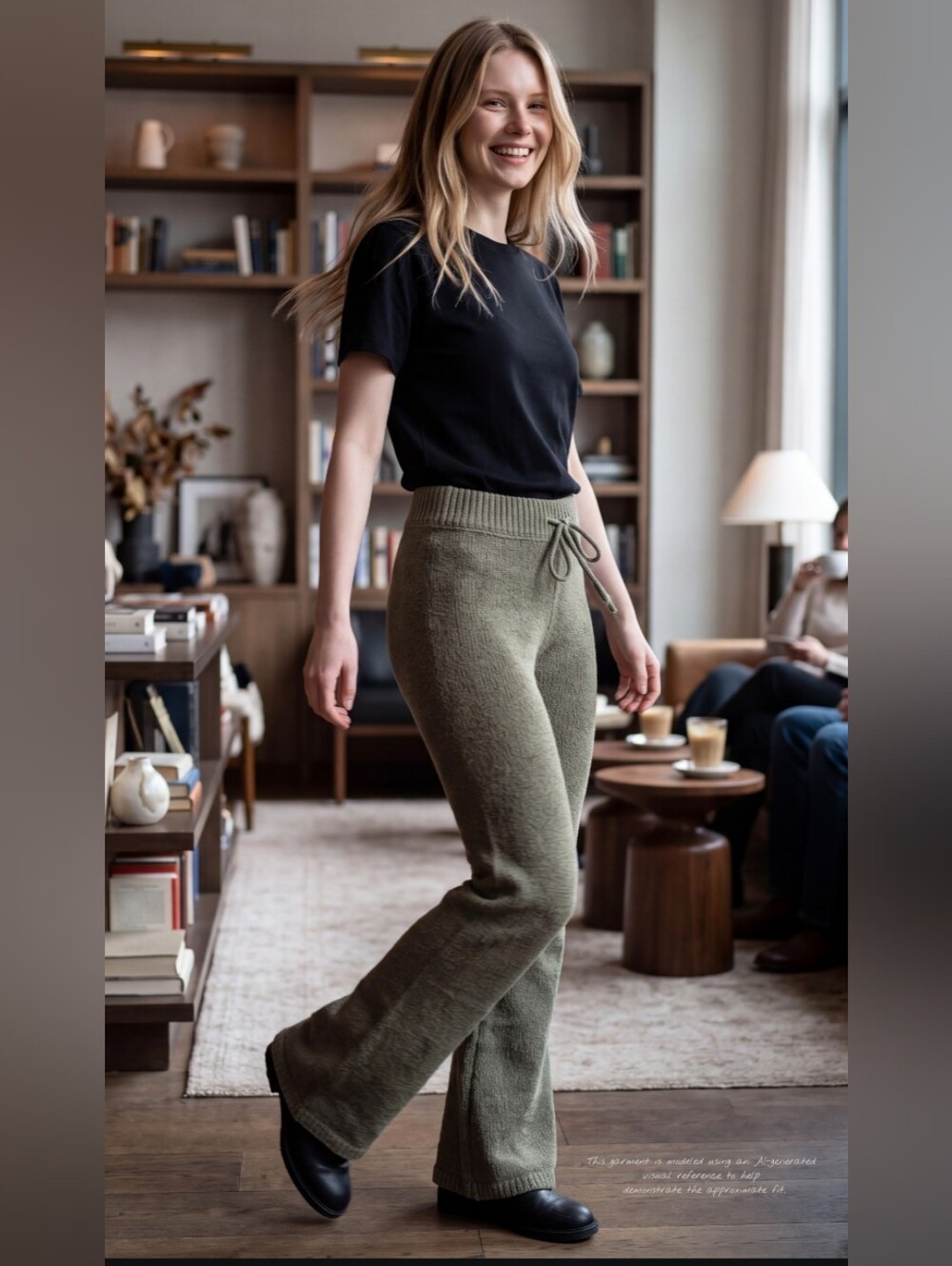 Blink Sz Small High Waist Wide Leg Knit Pant Olive Green Drawstring Waist Flare - Picture 5 of 16
